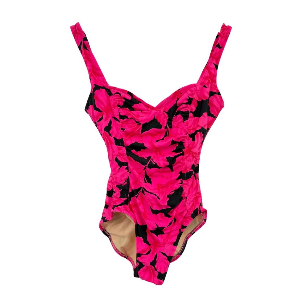 VTG Slimsuit‎ swimsuit size 10 USA hot pink hibiscus floral print y2k 90s 80s